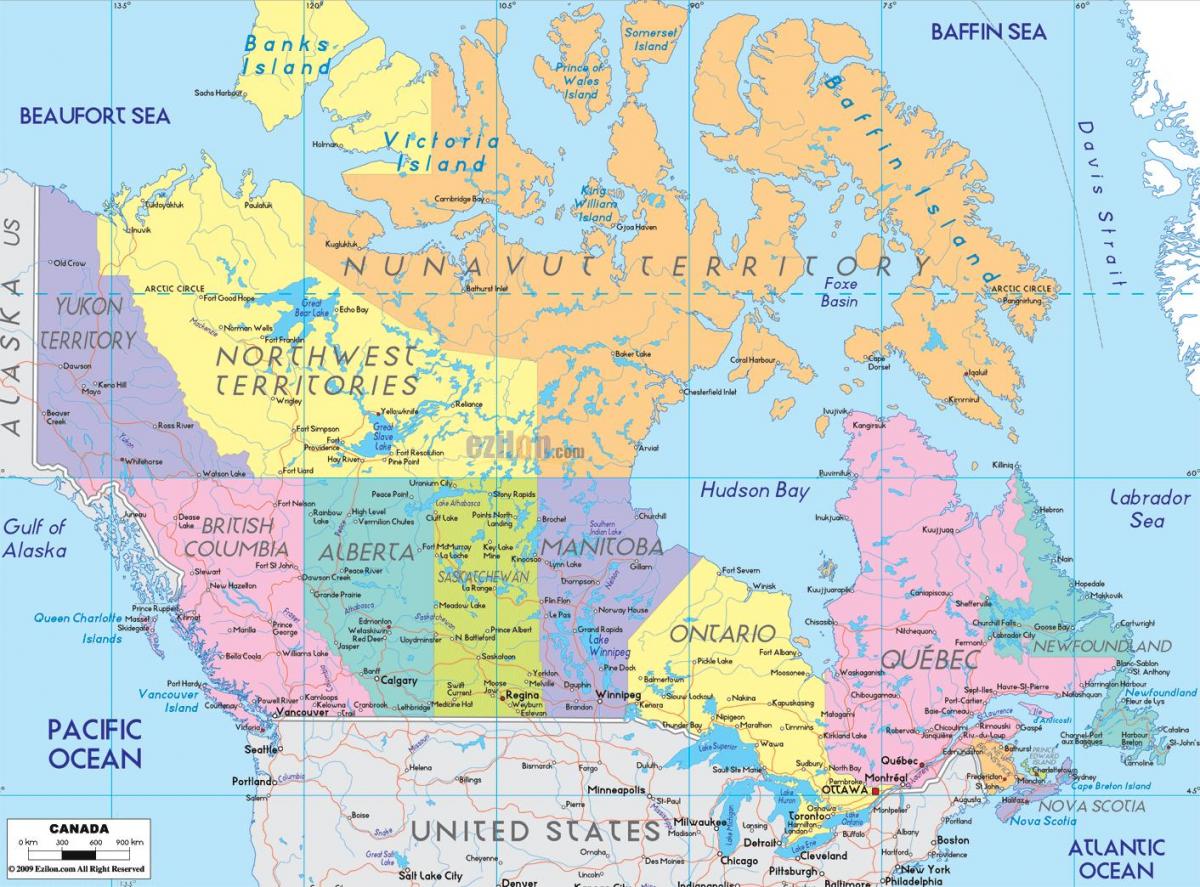 karta u Kanadi sa naznakom grada