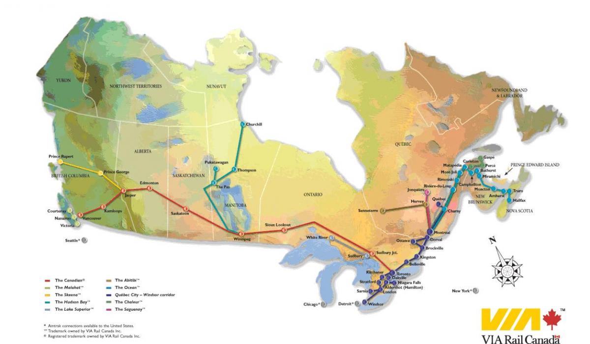 Kanada željezničke mreže na karti